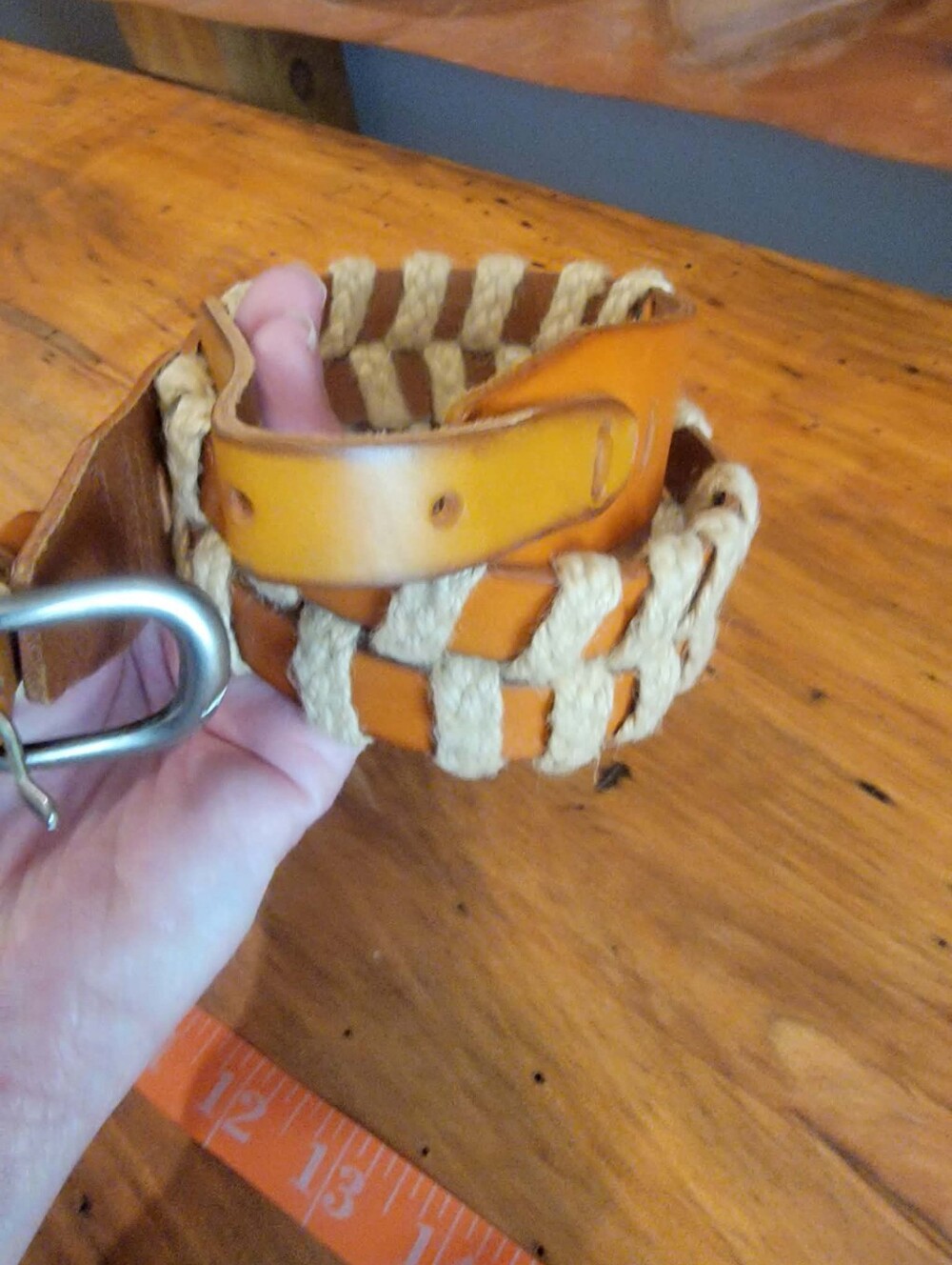 LP Linea Pelle Handcrafted Bohemian Style Cognac Leather Belt Woven Rope